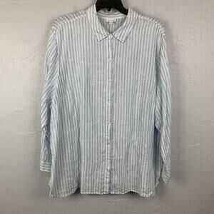 J. Jill Love Linen Top Womens 4X Blue White Button Front Striped Long Sleeve